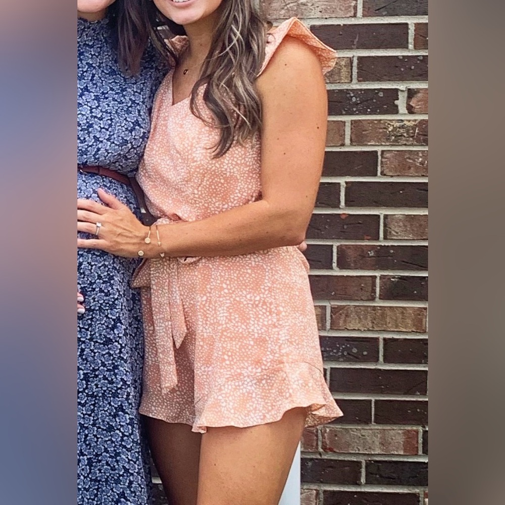 She + Sky Peach Floral Tie-Waist Romper
